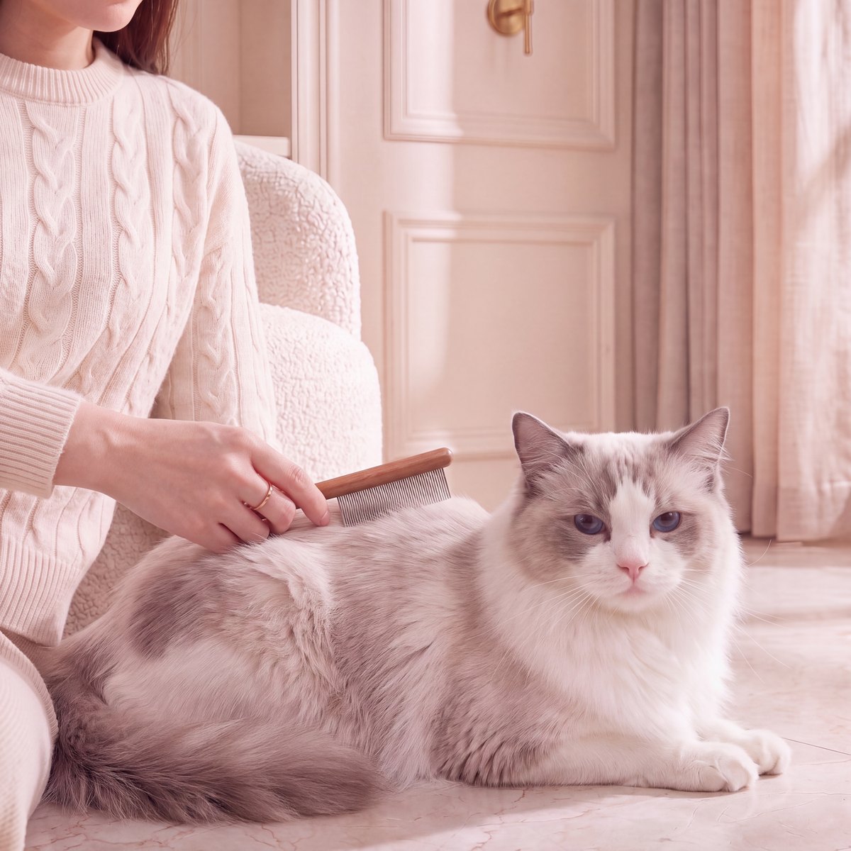 A Blue Point Ragdoll lying down while her coat is combed