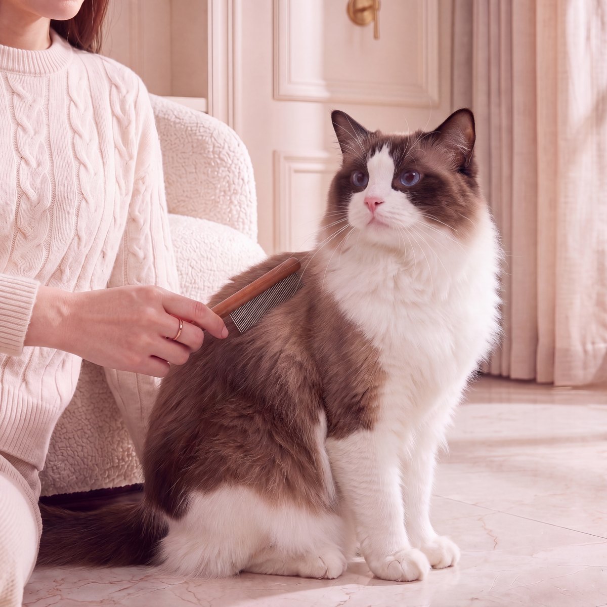 A Seal Point Bicolor Ragdoll being combed